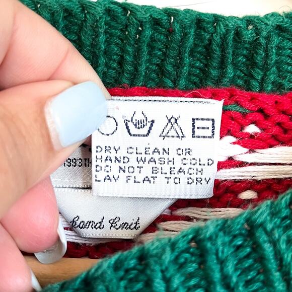 Vintage 90s The Eagles Eye Hand Knit Christmas Sweater Size M Patchwork Holiday - Picture 11 of 13